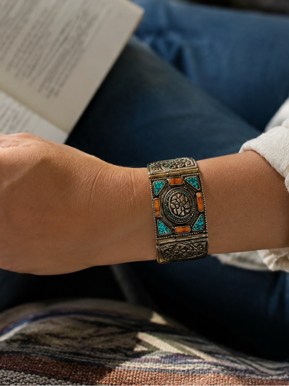 Vintage Tibetan Cuff Bracelet Turquoise Coral silver tone